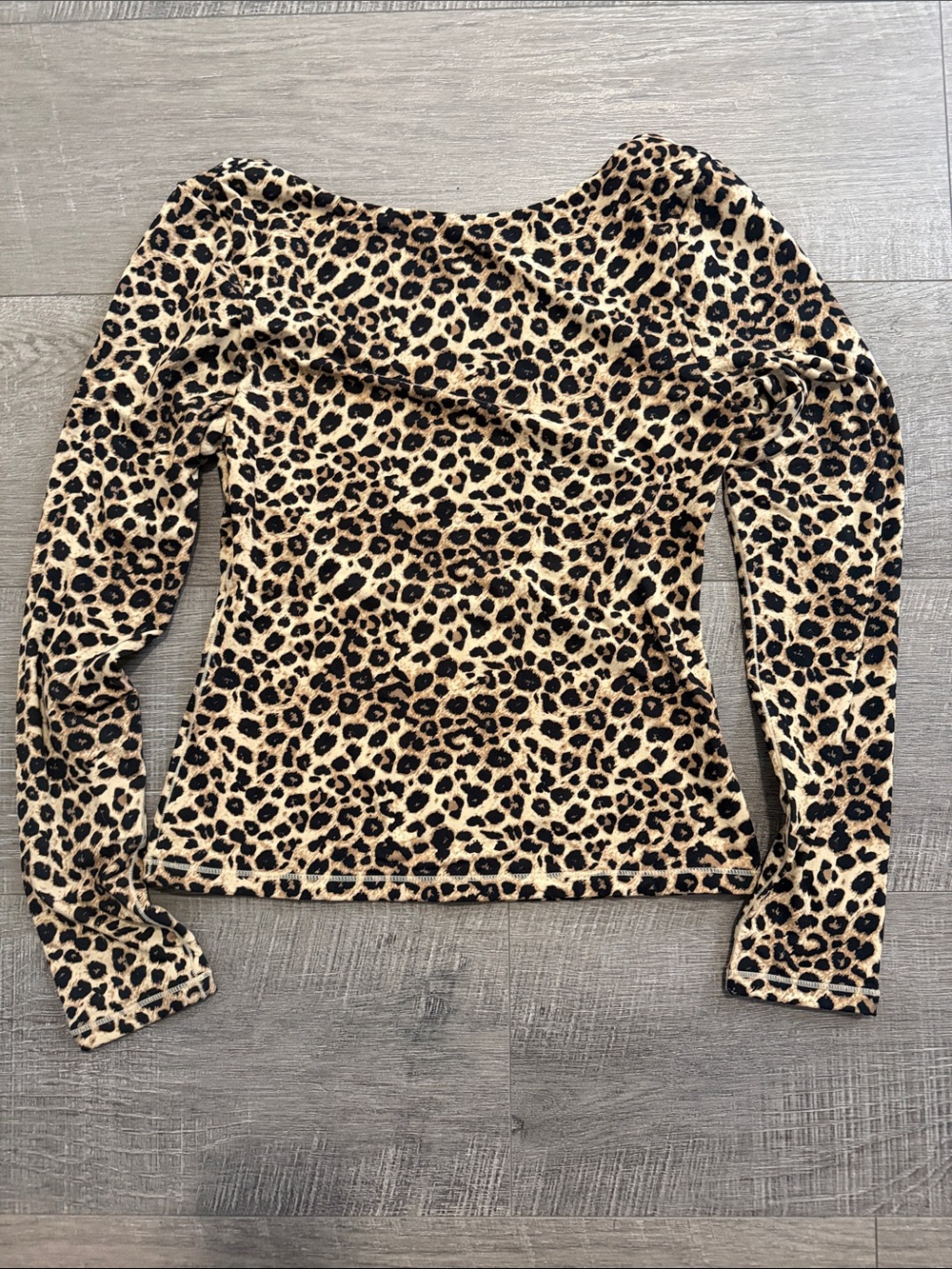 Leopard-Print Long Sleeve Scoop Neck Top - Beige/Black